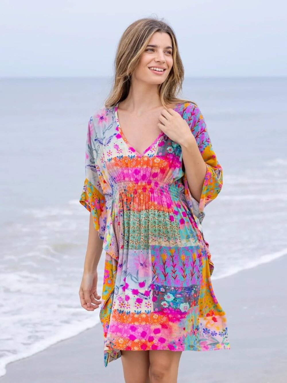 Natural Life Sanibel Kaftan Mini Dress in Pink Watercolor Patchwork